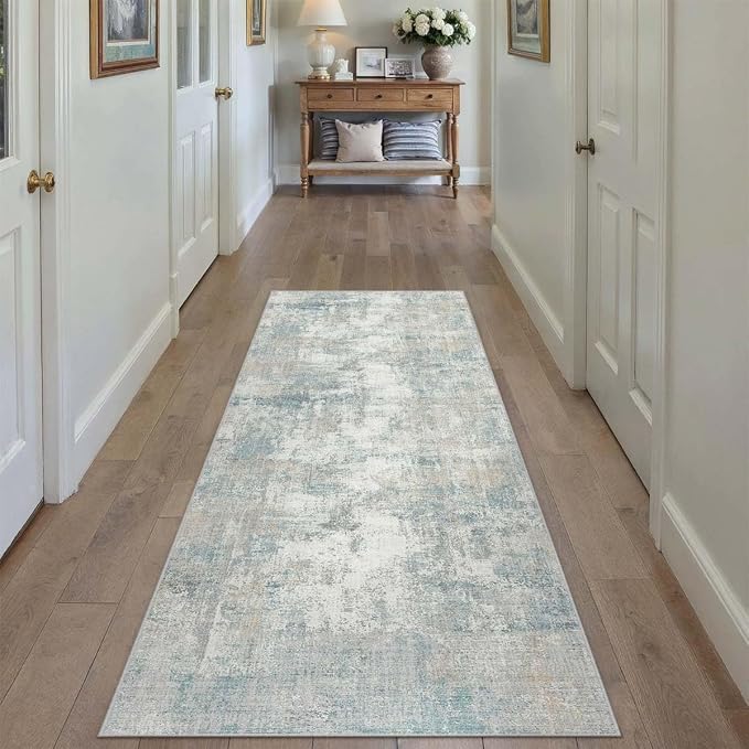 2x5 Washable Runner Rug Blue Cream Abstract Hallway Kitchen Throw Rug Neutral - Image 4