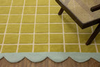 Checkered Wool Area Rug with Scalloped Border, Chartreuse Green & Cream Grid by RUGBARN