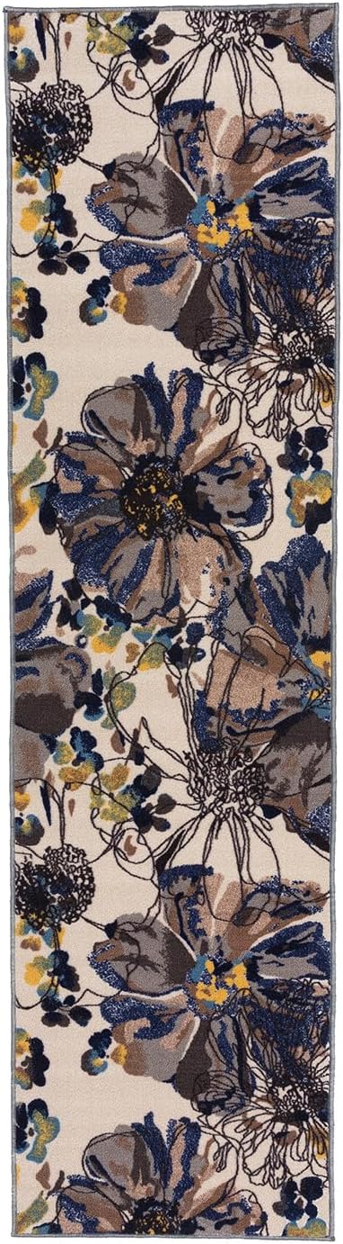 Rugshop Cream Bright Flowers Non Slip Non-Shedding Runner Rug - Image 3