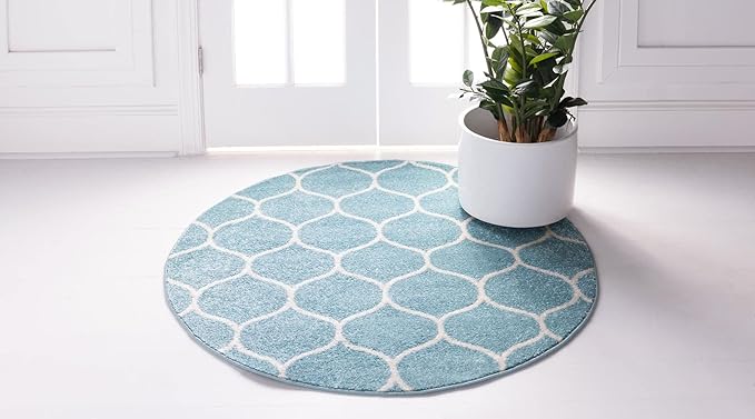 Rugs.com Lattice Frieze Collection Rug – 4' Round Light Blue Medium Rug Perfect - Image 3
