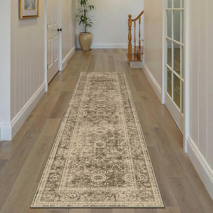 3x8 Washable Runner Rug for Kitchen Hallway Brown Vintage Non-Slip Low Pile by WondRg