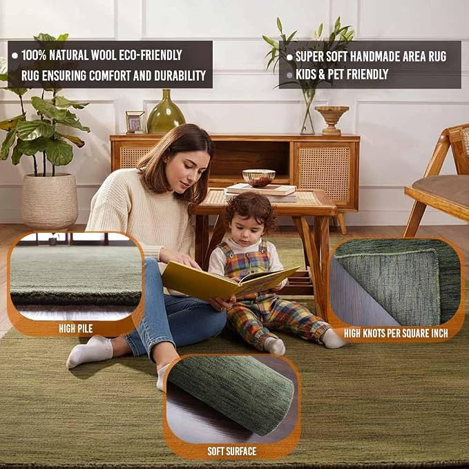 Rugsotic Carpets Hand Knotted Loom Wool 8'x10' Area Rug Solid Green L00111 - Image 4
