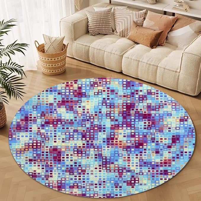 Abstract Pixel Geometry Round Rug Ombre Blue Purple Living Room Circle Area - Image 3
