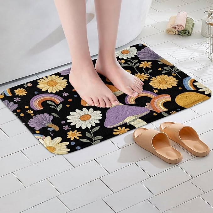 Erosebridal Trippy Mushroom Bathroom Mat Groovy Floral Microfiber Bath Rug Cute - Image 2