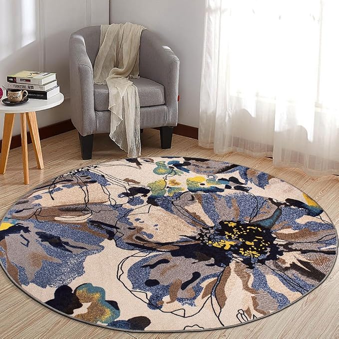 Rugshop Cream Bright Flowers Non Slip Non-Shedding Round Area Rug by Rugshop