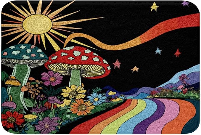 Erosebridal Trippy Mushroom Bathroom Rugs Groovy Floral Mats Rainbow Striped by Erosebridal