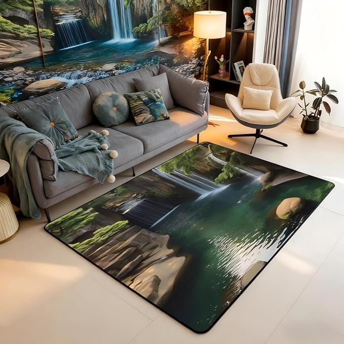 Waterfall Large Area Rug 5x7 Lake Cascade Scenery Living Room Rug | Chic Nature by Erosebridal