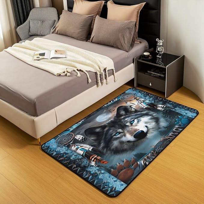 Western Wolf Large Area Rug 5x7 Bohemian Dream Catchers Living Room Rug | - Image 5