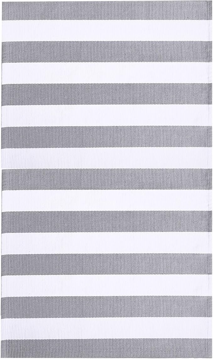 KOZYFLY Grey and White Striped Rug 4'x6' Indoor Outdoor Rug Cotton Hand-Woven - Image 8