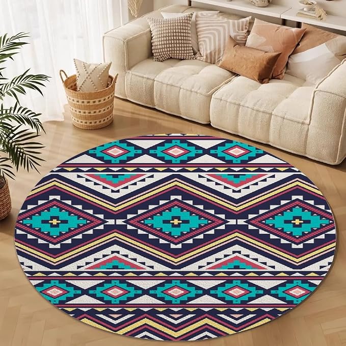 Native Tribal Geometry Round Rug Vintage Blue White Living Room Bedroom Area - Image 3