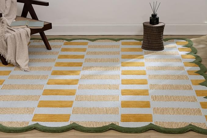 Hand-Tufted Wool Rug with Scalloped Edges, Light Blue Plaid Pattern, Cozy Soft - Image 2
