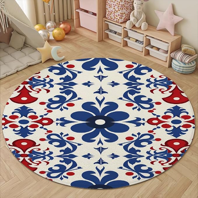 Vintage Blue Flowers Washable Round Rugs Oriental Tribal Floral Circle Rugs - Image 4