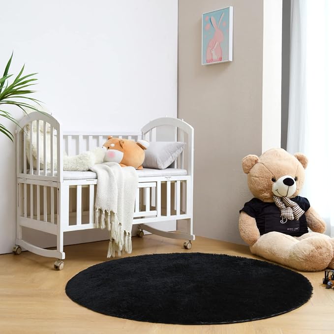 duduta Black Fluffy Round Rug 4x4 ft, Shag Fuzzy Plush Circle Throw Rug - Image 7