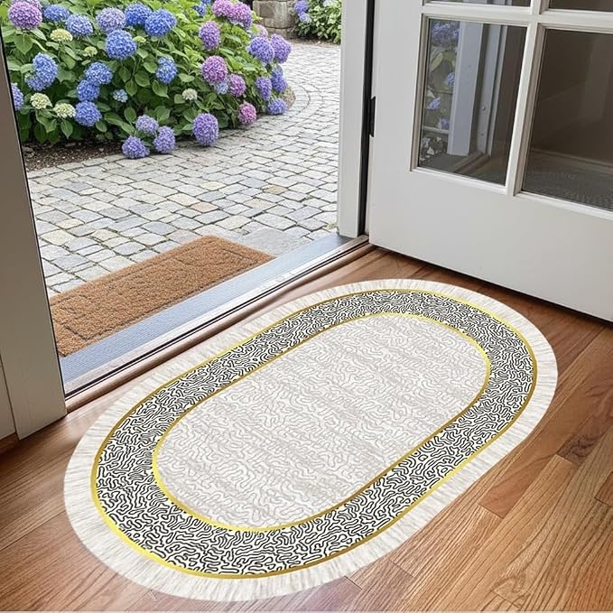 Off White Black Gold Indoor Rugs Modern Minimalist Abstract Geometric Pattern - Image 4