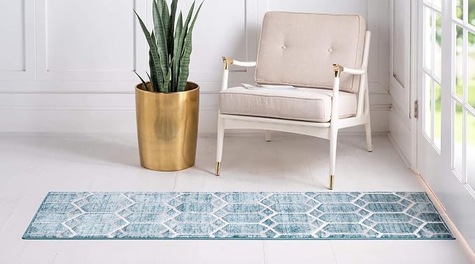Rugs.com Lattice Trellis Collection Rug – 10 Ft Runner Blue Low-Pile Rug Perfect - Image 5