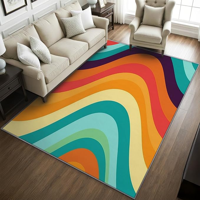 Retro Rugs for Living Room 70s -Abstract Wave Rug, 4x5 ft, Colorful Rainbow - Image 2