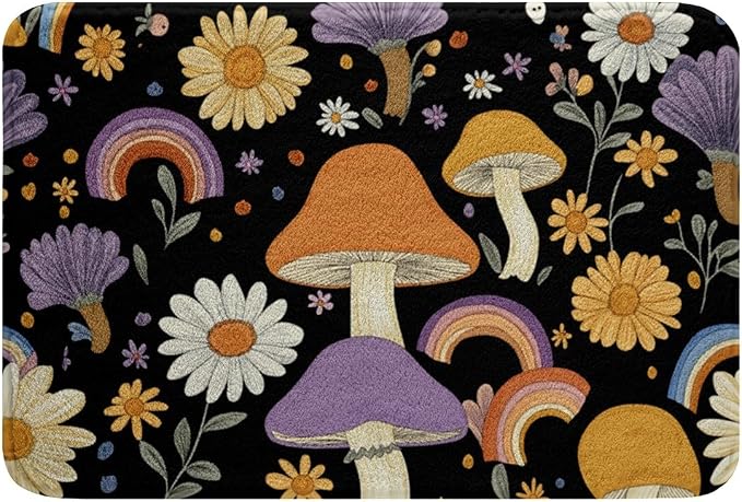 Erosebridal Trippy Mushroom Bathroom Mat Groovy Floral Microfiber Bath Rug Cute by Erosebridal