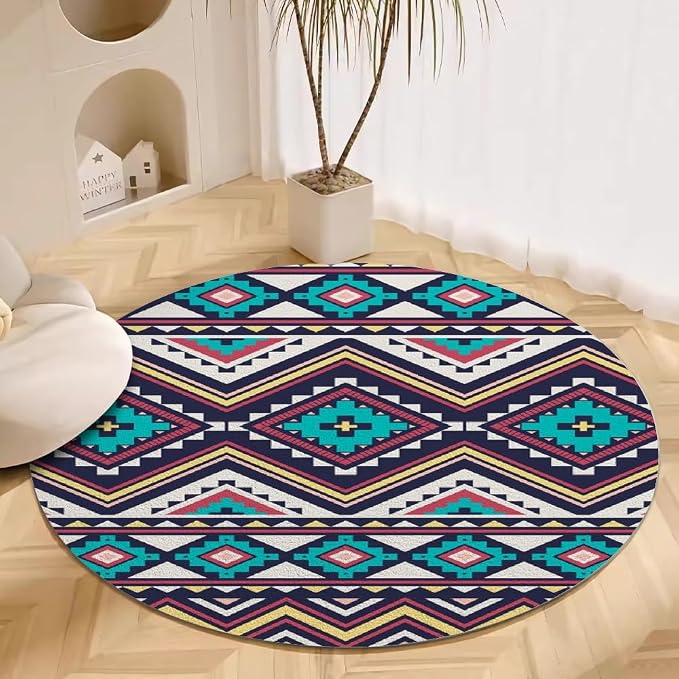 Native Tribal Geometry Round Rug Vintage Blue White Living Room Bedroom Area by Unknown
