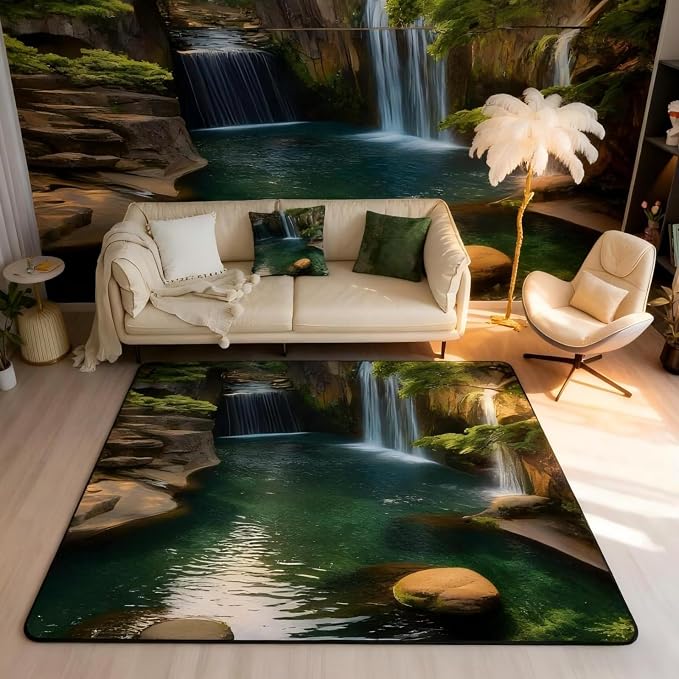 Waterfall Large Area Rug 5x7 Lake Cascade Scenery Living Room Rug | Chic Nature - Image 4