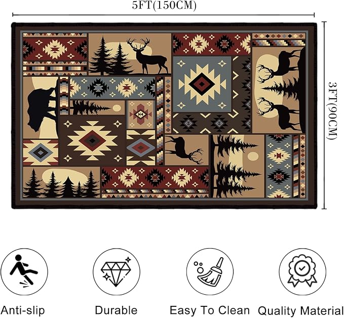 Rustic Cabin Wildlife Area Rug 3x5 Washable Bedroom Rug, Buffalo Plaid Bear - Image 2