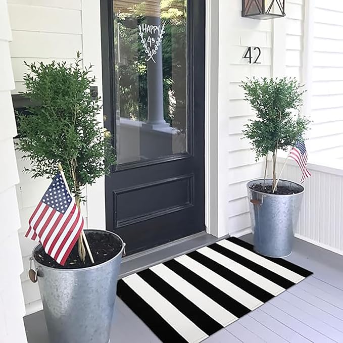 KOZYFLY Black and White Area Rug 27.5x43 Inches Striped Front Door Rug Cotton - Image 3