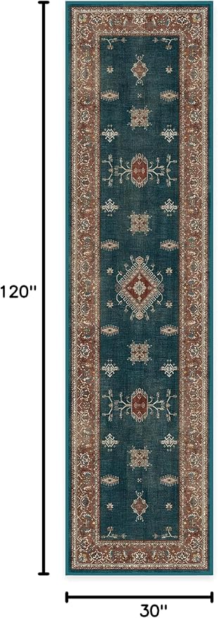 RUGGABLE Washable Vintage Runner Rug – Verena Teal Blue 2.5x10, Stain-Resistant - Image 3