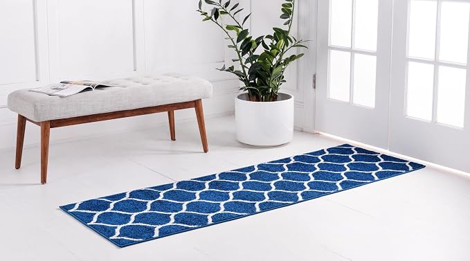 Rugs.com Lattice Frieze Collection Rug – 2' x 8' 8 Runner Navy Blue Medium Rug - Image 2
