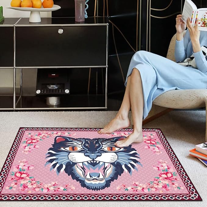 Cartoon Animal Pattern Area Rug Cute Cat Luxury Floral Decor - Image 2