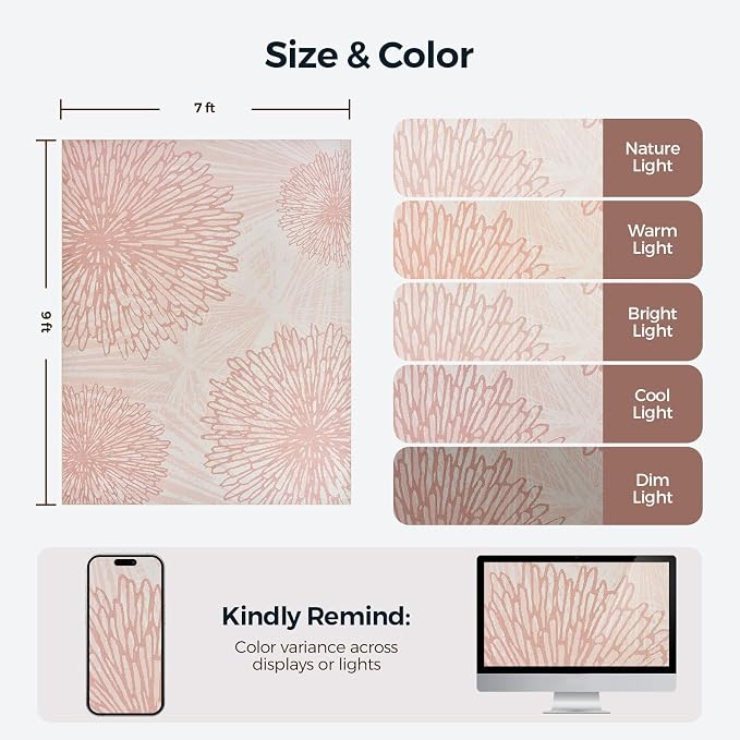 WITSHOCK Pink Rugs 7x9 for Bedroom Girls, Floral Modern Distress Print Pattern - Image 2