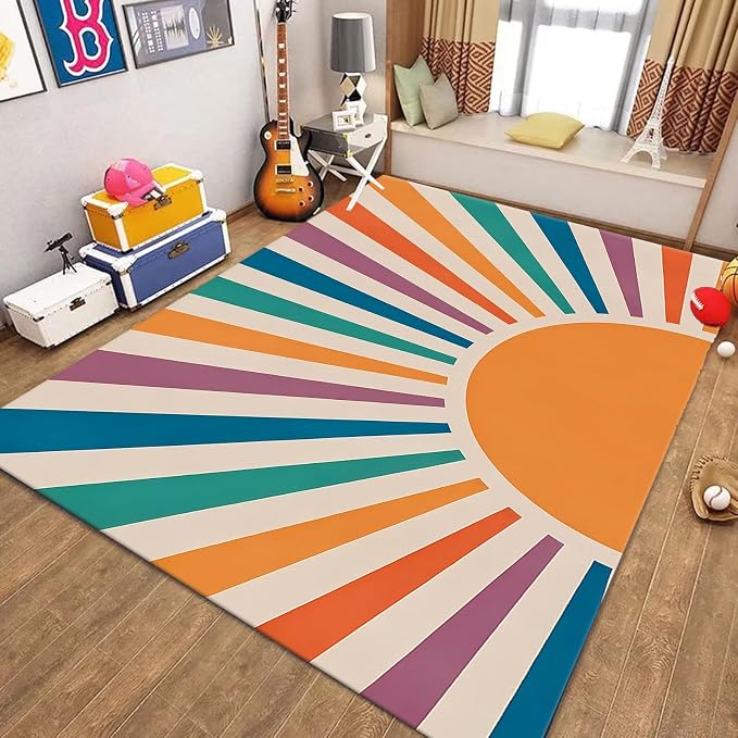 Rainbow Sun Area Rug, Colorful Boho Style Rug, Non-Slip Machine Washable Easy by Unknown