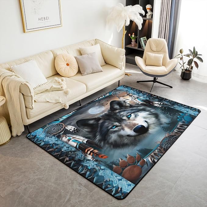Western Wolf Large Area Rug 5x7 Bohemian Dream Catchers Living Room Rug | - Image 6
