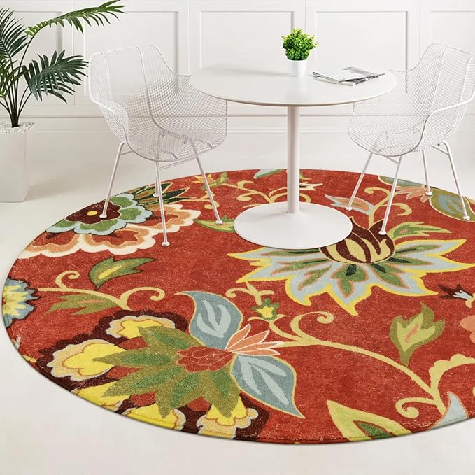 Lahome Red Floral 3 ft Round Rug, Washable Christmas Round Area Rugs Small Non - Image 2