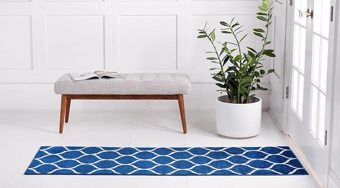 Rugs.com Lattice Frieze Collection Rug – 2' x 13' Runner Navy Blue Medium Rug - Image 3