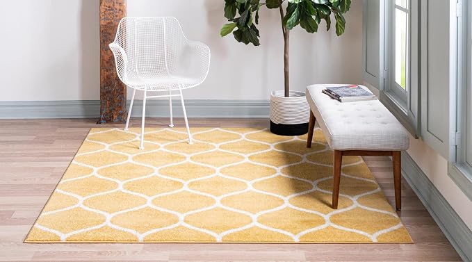 Rugs.com Lattice Frieze Collection Rug – 8' Square Yellow Medium Rug Perfect - Image 3