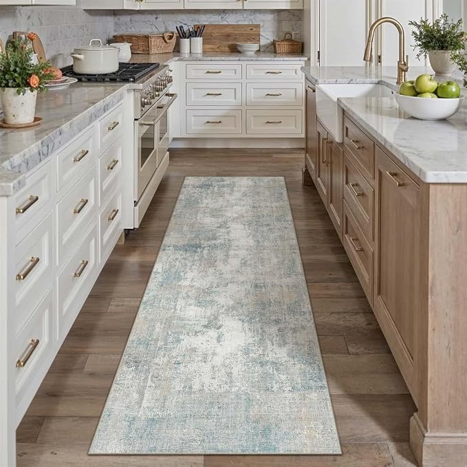 2x12 Washable Runner Rug Blue Cream Abstract Hallway Kitchen Throw Rug Neutral - Image 4