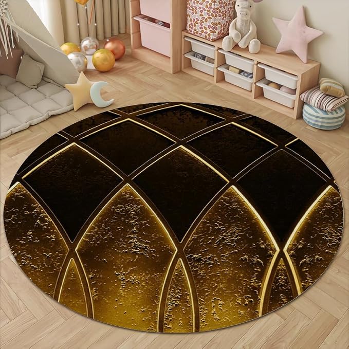 Luxury Black Gold Round Rug Vintage Golden Texture Living Room Circle Area Rugs - Image 4