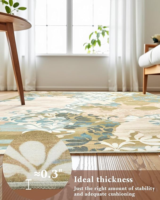 Washable Abstract Rug, 5x7 Willow Green and Blue Floral Area Rugs - Image 7