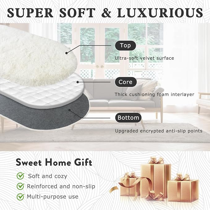 Soft Fluffy Rugs for Bedroom, Cream White Fuzzy Shaggy Oval Bedside Area Rug - Image 5