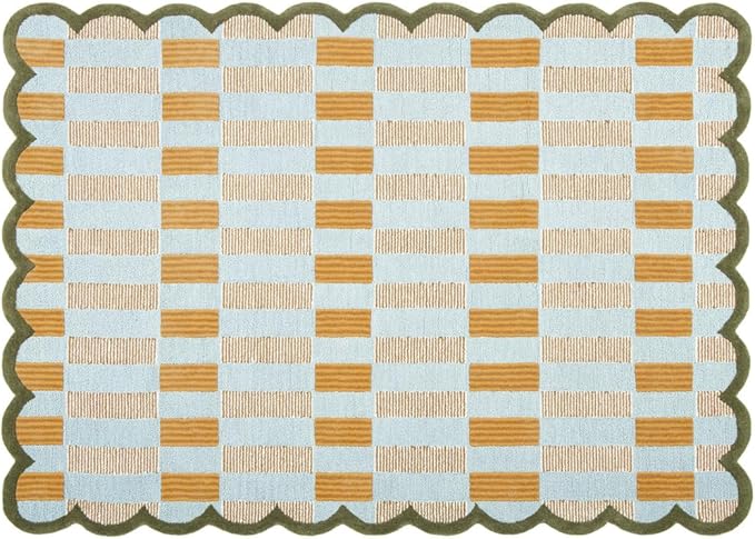 Hand-Tufted Wool Rug with Scalloped Edges, Light Blue Plaid Pattern, Cozy Soft - Image 4