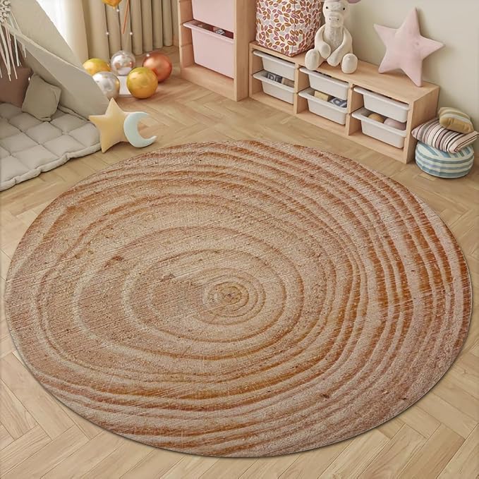 Tree Stump Growth Rings Washable Round Rugs Wood Color Texture Circle Rugs - Image 4