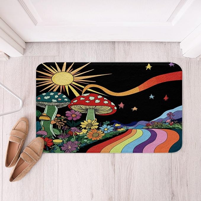 Erosebridal Trippy Mushroom Bathroom Rugs Groovy Floral Mats Rainbow Striped - Image 4