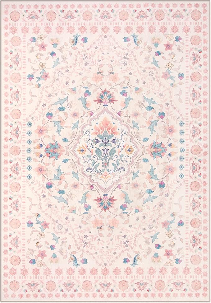 Wonnitar Boho Floral 8x10 Pink Area Rug, Washable Kids Rugs - Image 2
