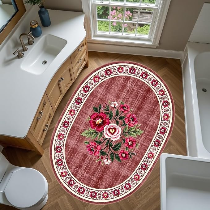 Retro Country Distressed Burgundy Green Florals Texture Bordered Rugs 2x3 - Image 3