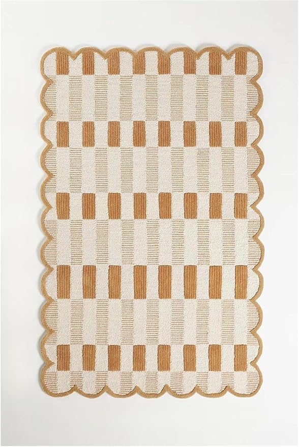 Hand-Tufted Wool Rug with Scalloped Edges, Light Blue Plaid Pattern, Cozy Soft by Unknown