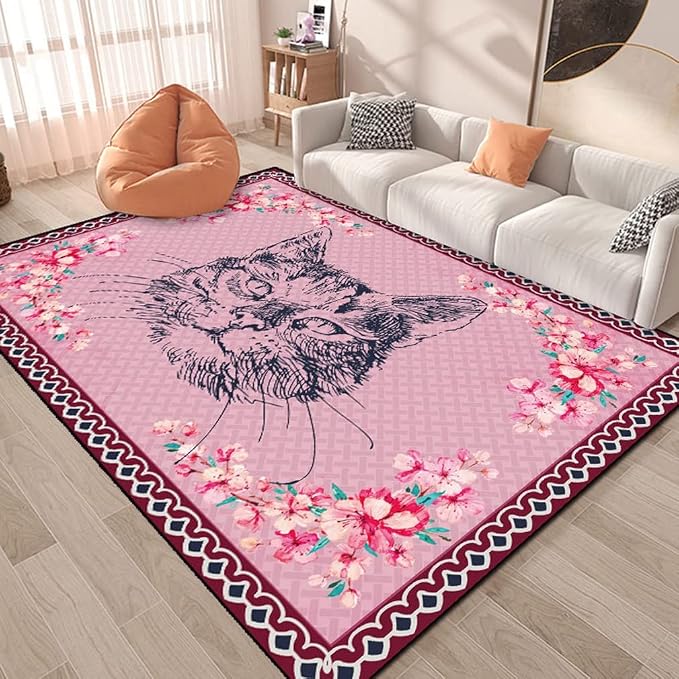 Cartoon Animal Pattern Area Rug Cute Cat Luxury Floral Decor - Image 4