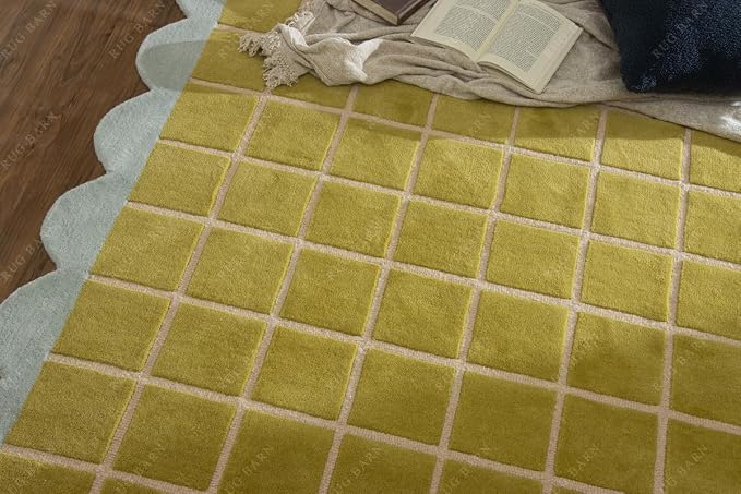 Checkered Wool Area Rug with Scalloped Border, Chartreuse Green & Cream Grid - Image 7