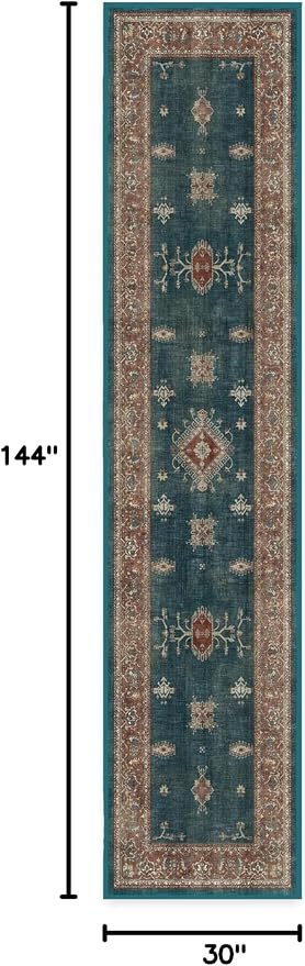 RUGGABLE Washable Vintage Runner Rug – Verena Teal Blue 2.5x12, Stain-Resistant - Image 3