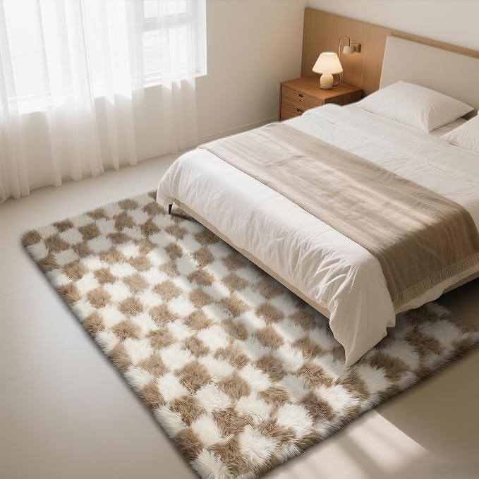 Checkered Rug for Living Room, 6x9 Beige and White Area Rugs, Classic Checkered - Image 2