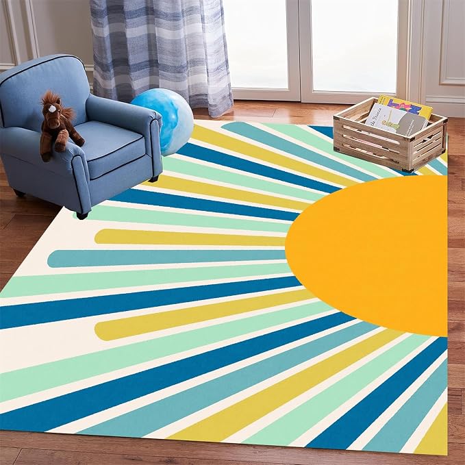 Rainbow Sun Area Rug, Boho Geometric Print Rug, Modern Mid-Century Colorful Rug - Image 3