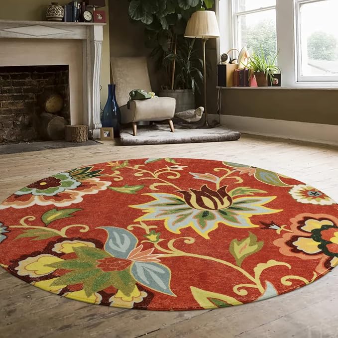Lahome Red Floral Round Rug - 4 ft Christmas Washable Round Area Rugs Small Non - Image 2